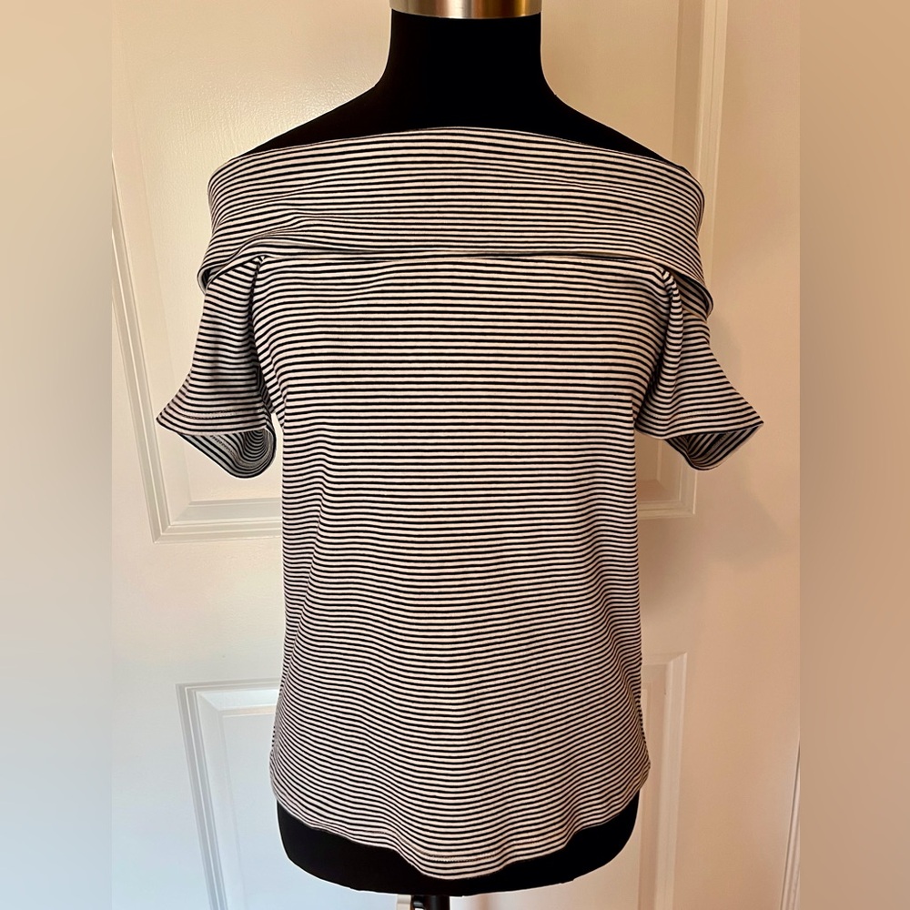 J. Crew Black and White Striped Off-Shoulder Top